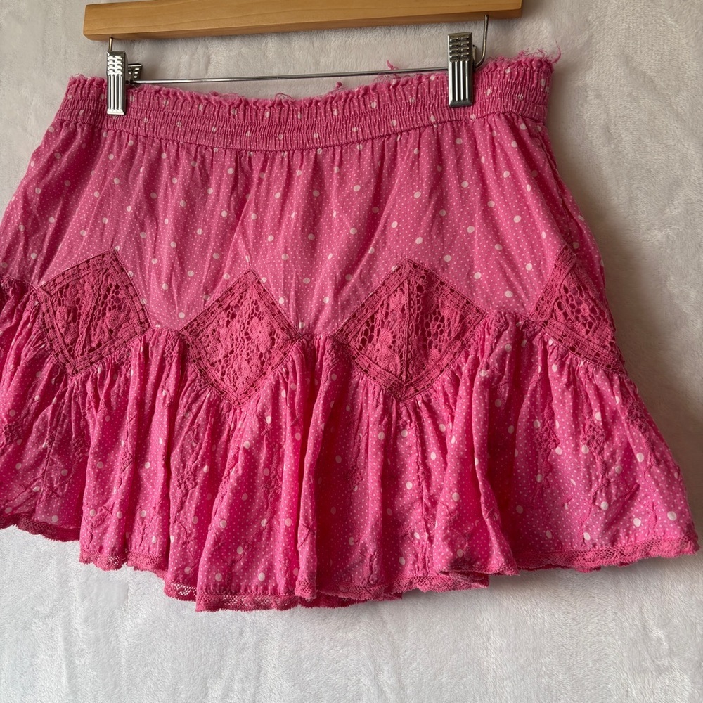 LoveShackFancy womens Pink polka dot lace fray designer Adia Mini‎ Skirt size P - Picture 7 of 9